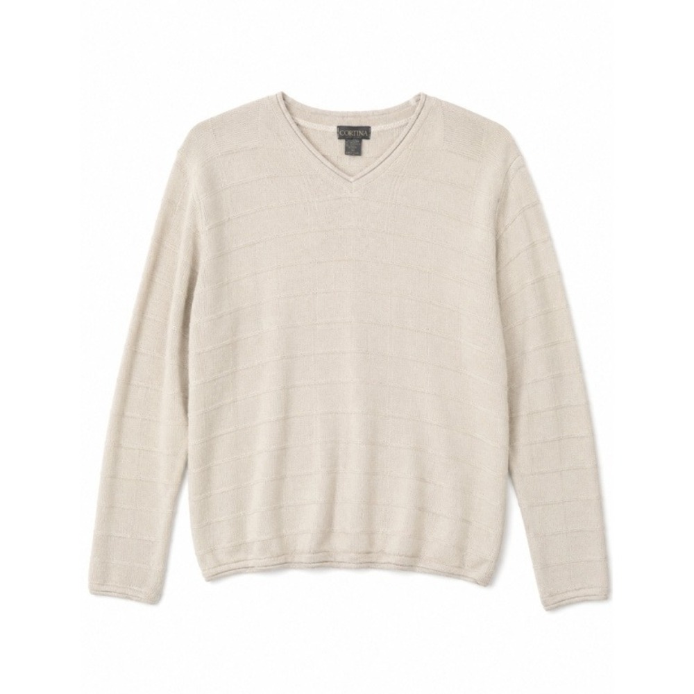 Cortina V-Neck Sweater Mens Cream Beige Textured Knit Pullover Medium